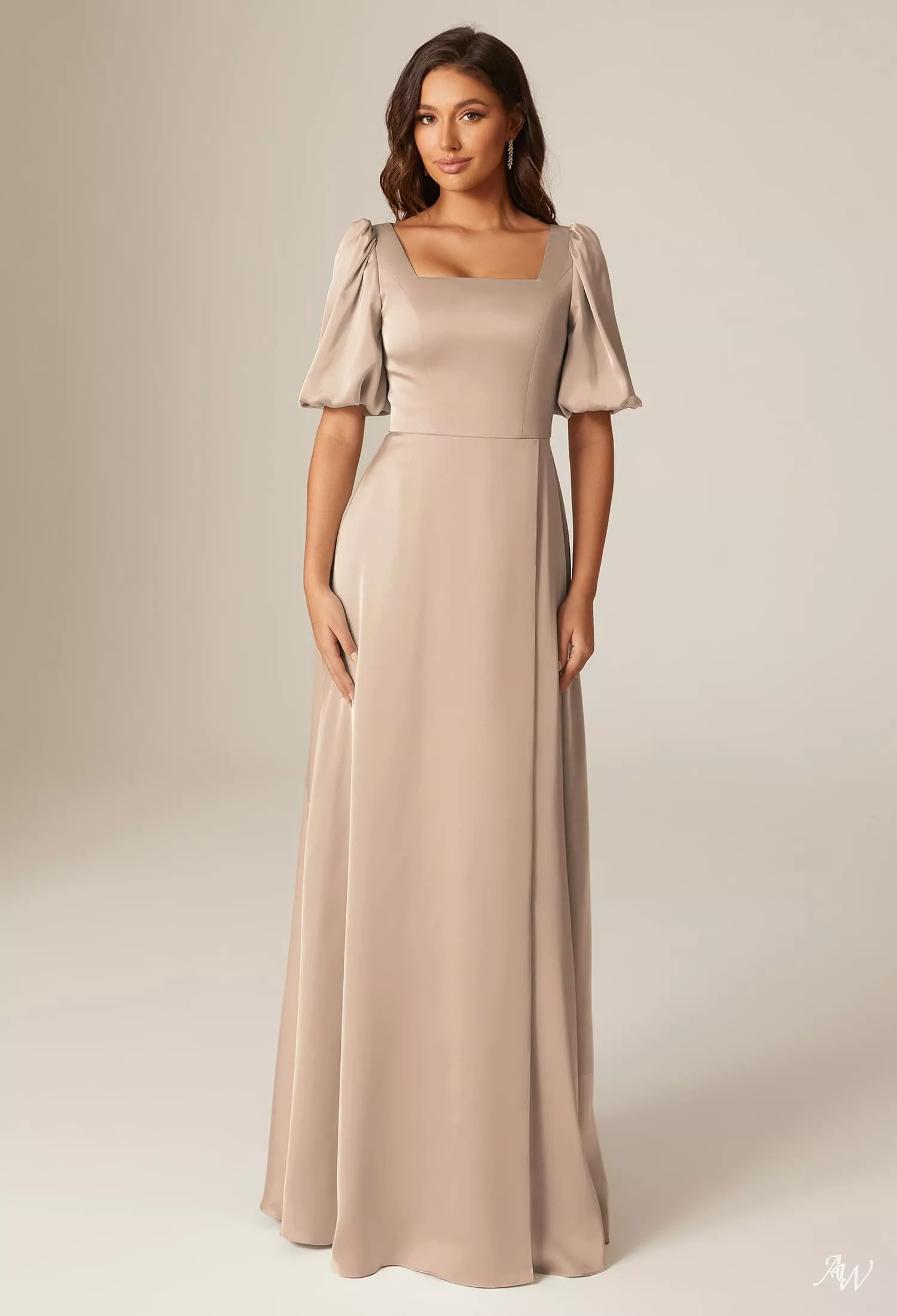 AW Etta Dress, Champagne Crystal Satin Satin Charmeuse Floor
